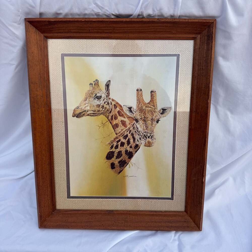 Vintage Phil Prentice Sturdy Wood Framed Art Print Giraffe 17” x 14"